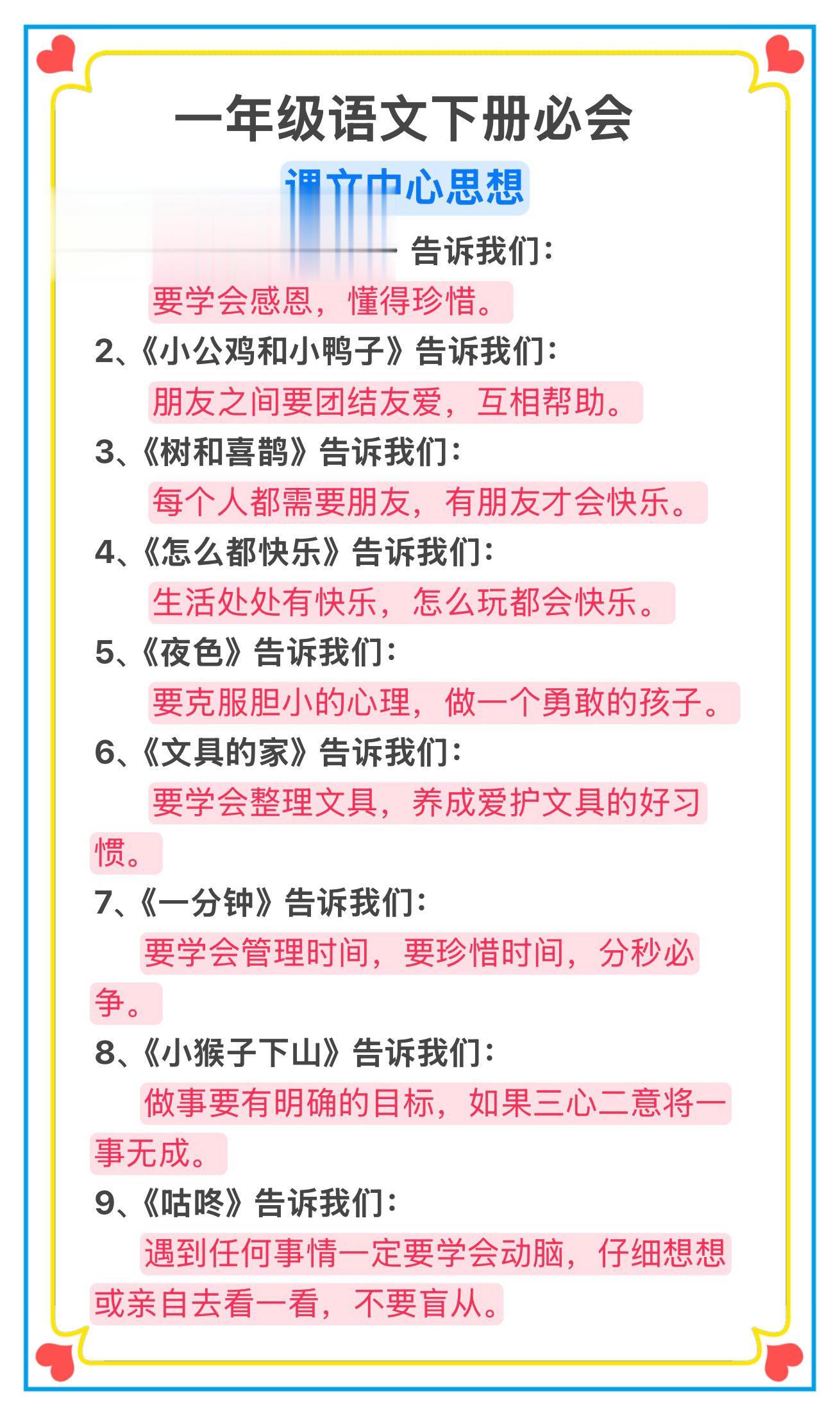 一年级语文下册必会的中心思想考点，家长收藏让孩子记一记