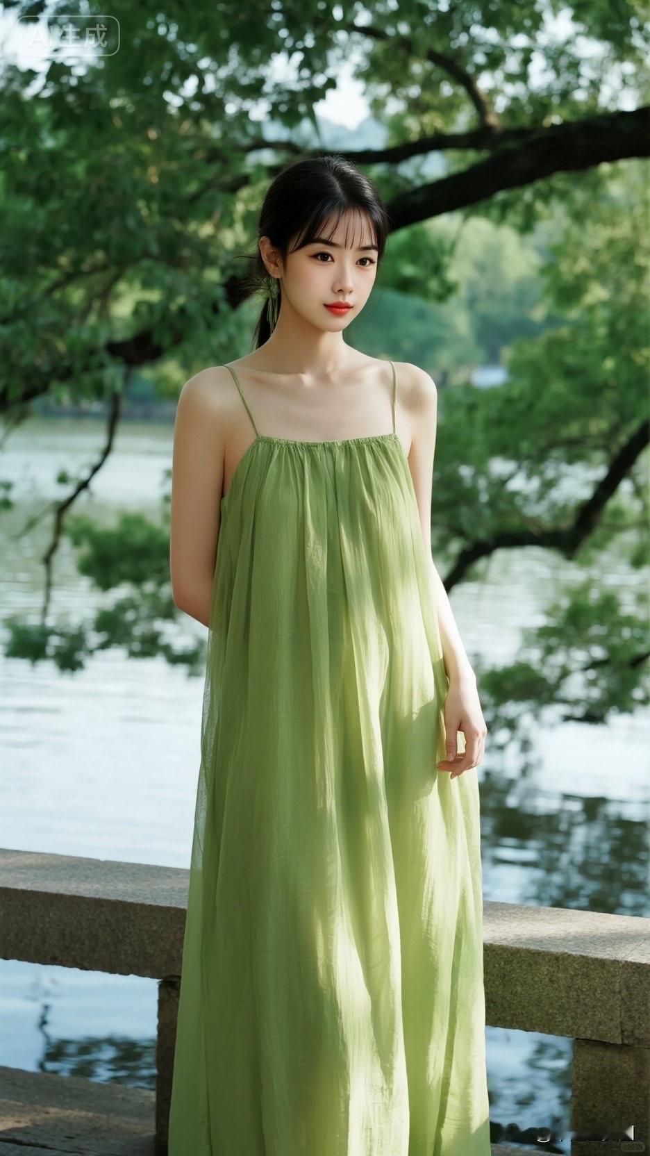 夏日清新风，绿裙少女在湖边，阳光洒满发梢