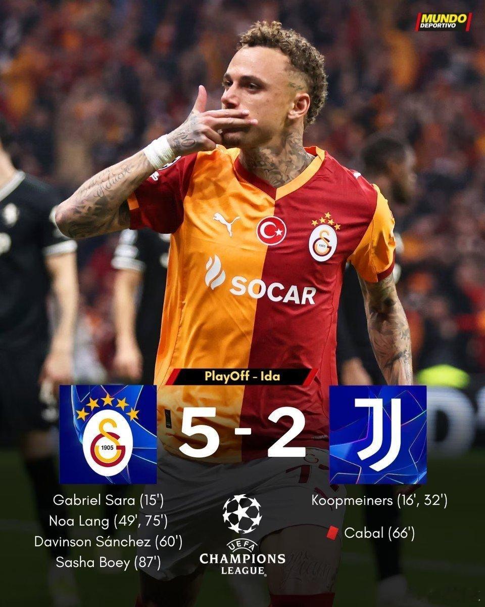 欧冠淘汰赛附加赛首回合，尤文图斯客场挑战加拉塔萨雷，以2-5遭遇逆转失利。加拉塔