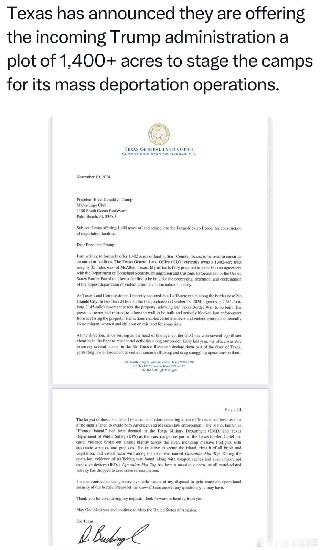 美国得州边境官员写给特朗普的公函，表示愿意向下一任联邦政府提供一块由得州购置、接