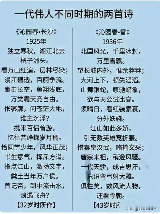 毛主席两个年龄段的诗词
魅力无限，越品越有味