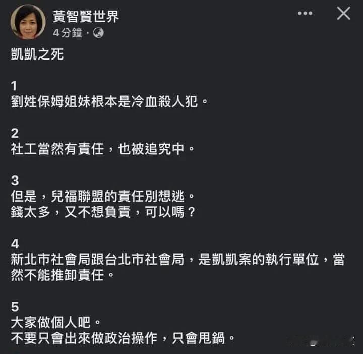 黄智贤发文谈儿童被虐致死，王定宇援用截图，发文耐人寻味。王定宇于脸书引用黄智贤一