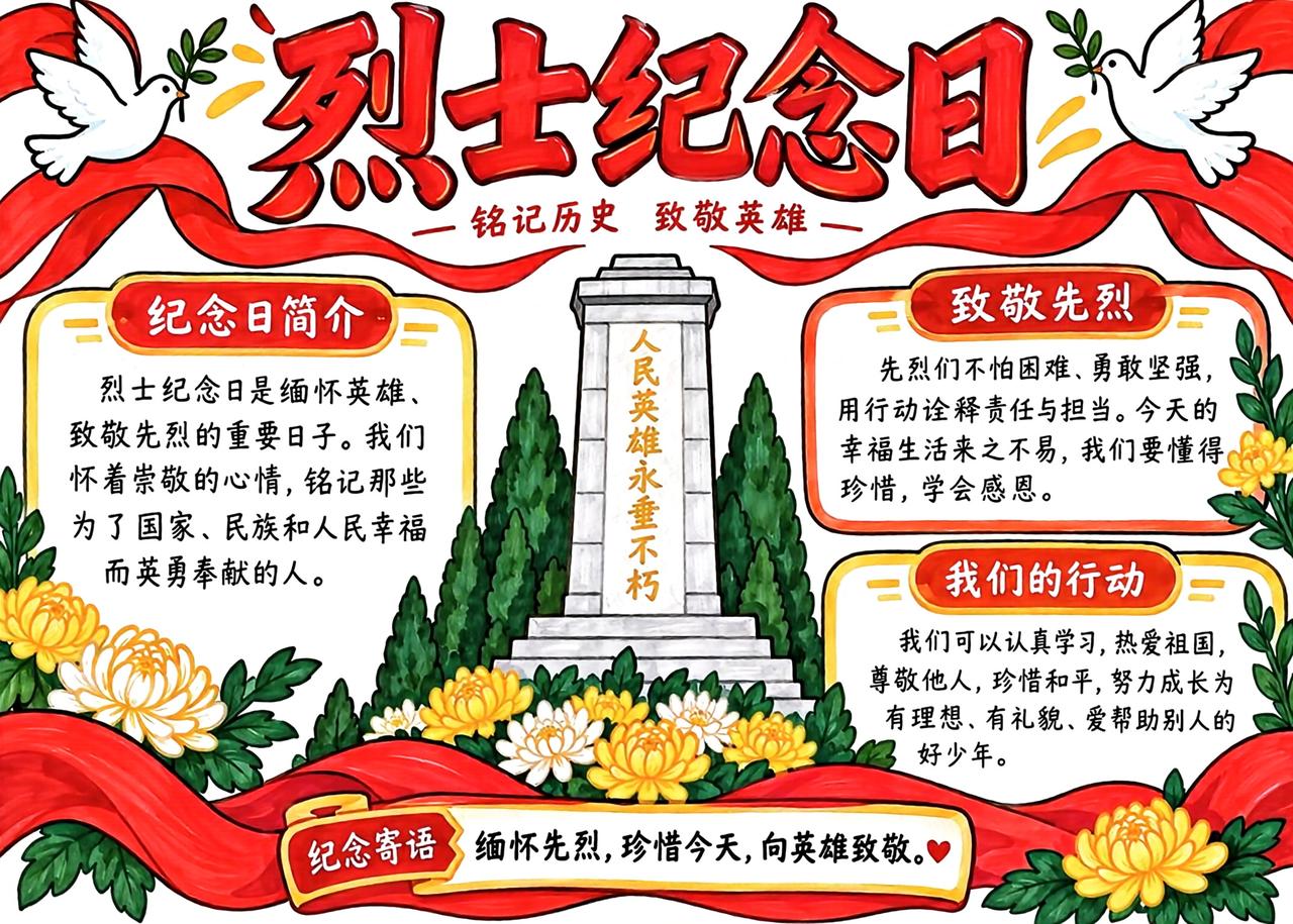 中小学语文手抄报，烈士纪念日主题手抄报，收藏备用