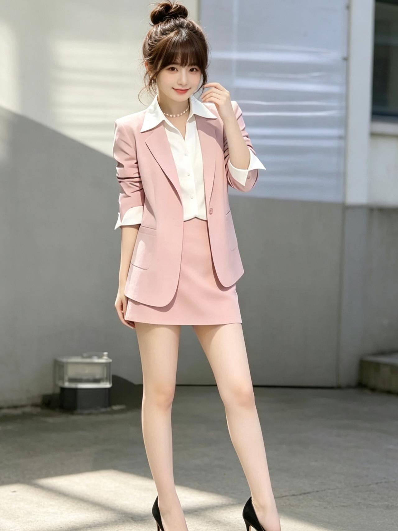 元气满满的粉色职场套装，搭配黑色高跟鞋，元气少女风！💕✨