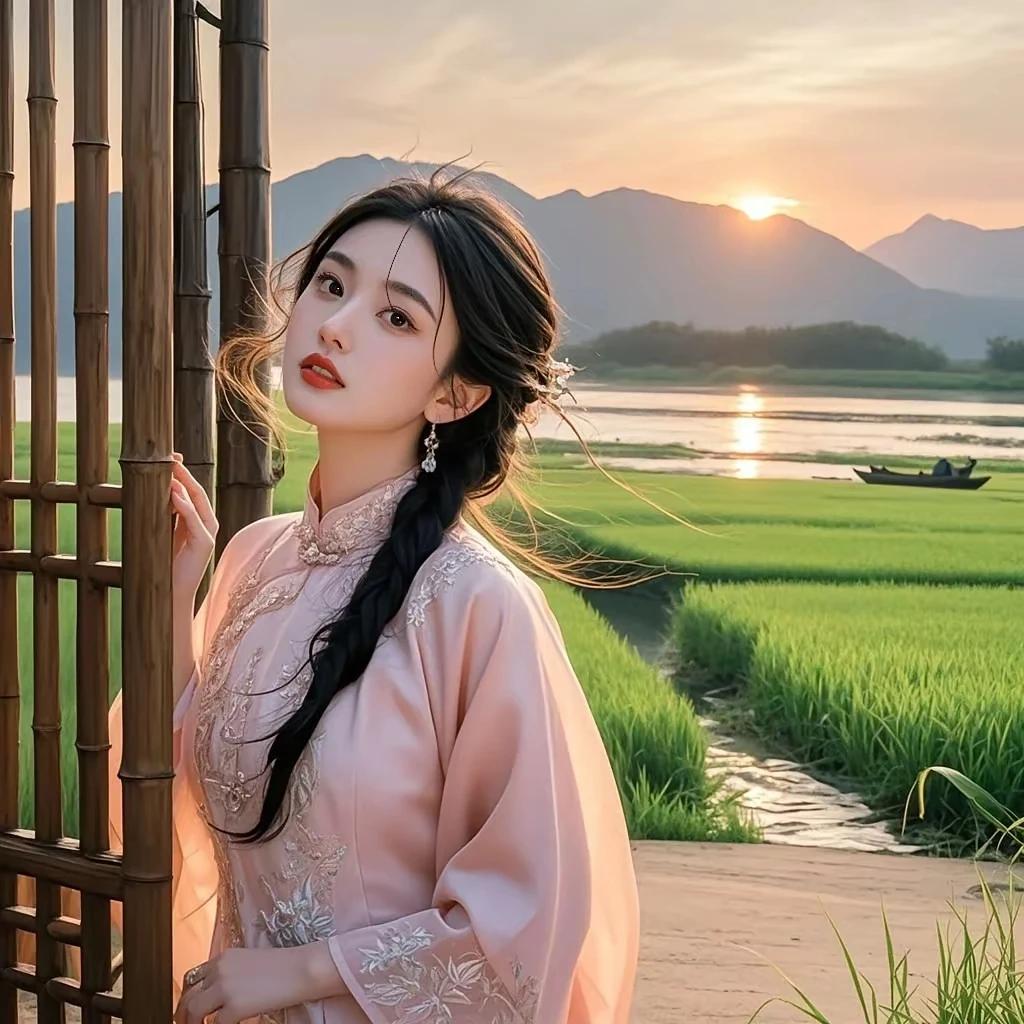 危楼寂寂锁春岫，
小院幽幽枕碧流。
田陌风来禾浪起，
斜阳西下彩霞秀。