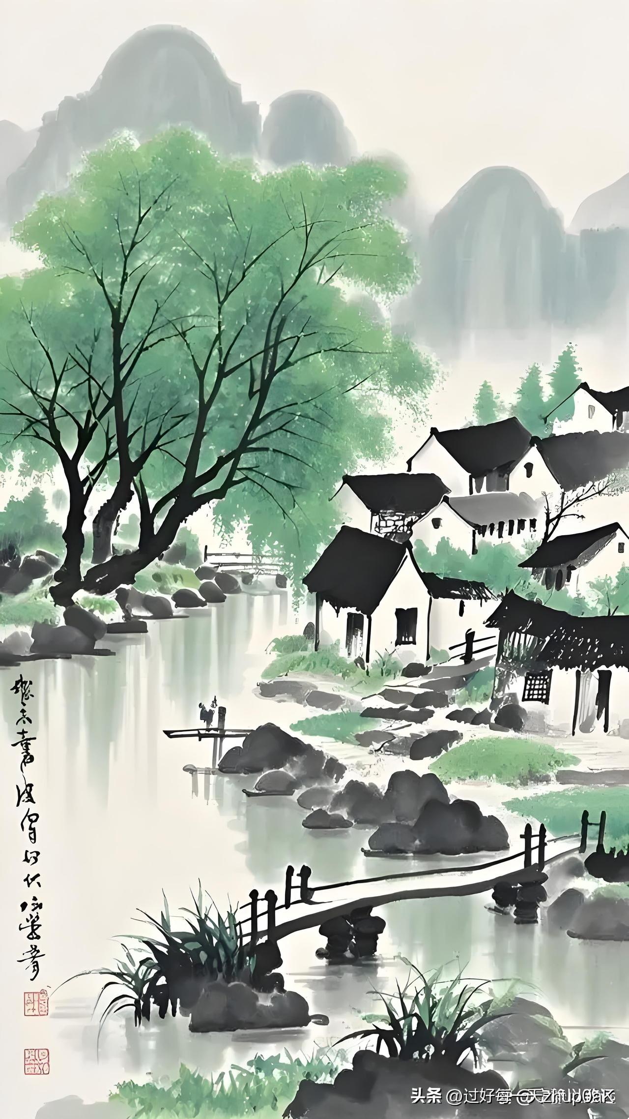 《水村即事》
——宋・高瞻
曲曲清溪绕屋斜，
小村烟景是谁家。
疏篱半掩柴门静，