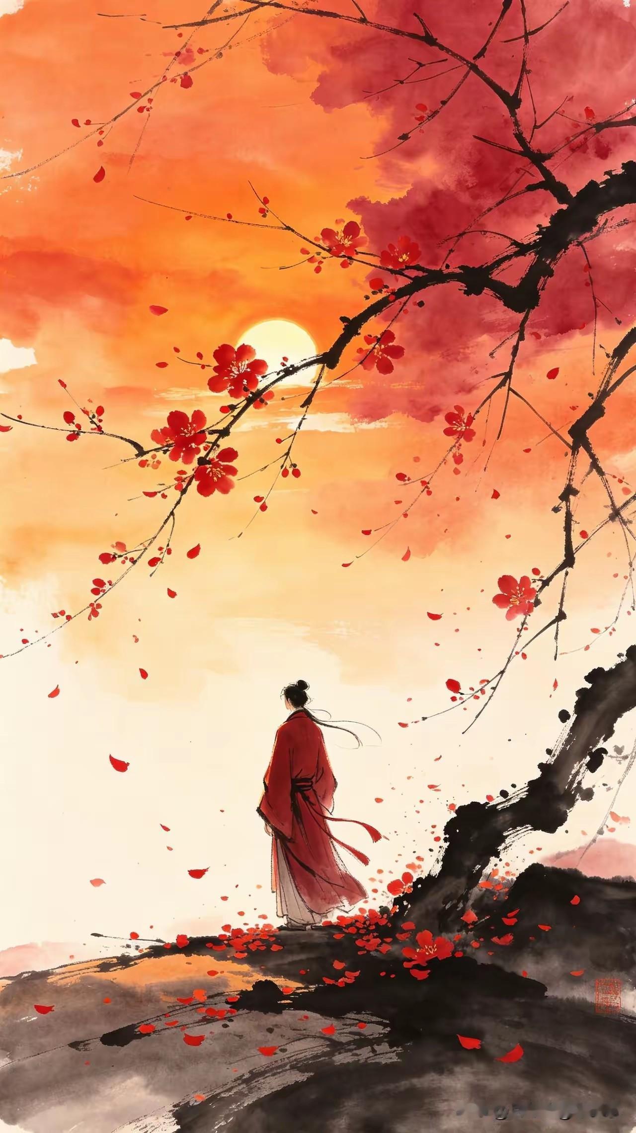 《春暮》
独立斜阳数落红，
去年花下与君同。
而今春谢人何处，
场景依旧影无踪。