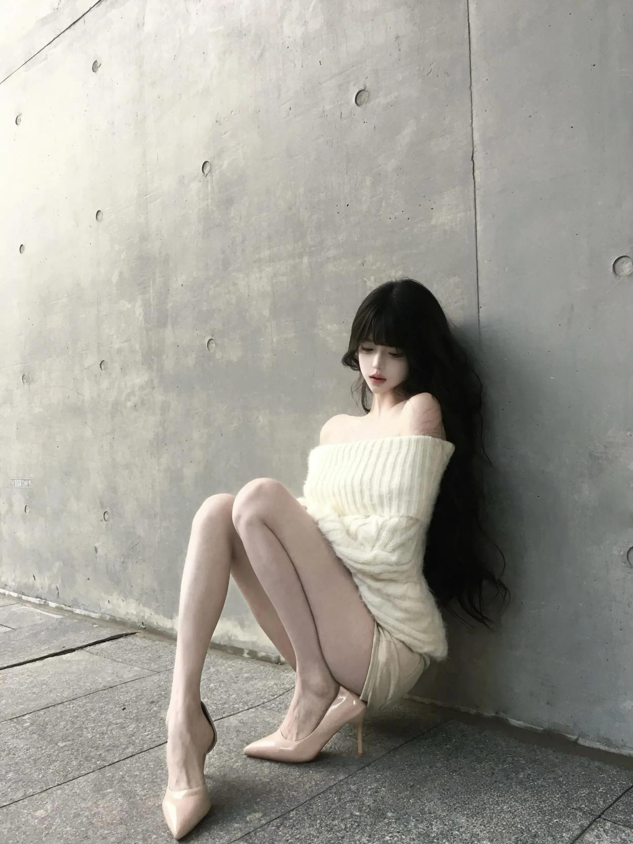 冷艳黑发少女，优雅倚靠灰色墙，复古毛衣与高跟鞋，尽显时尚魅力。