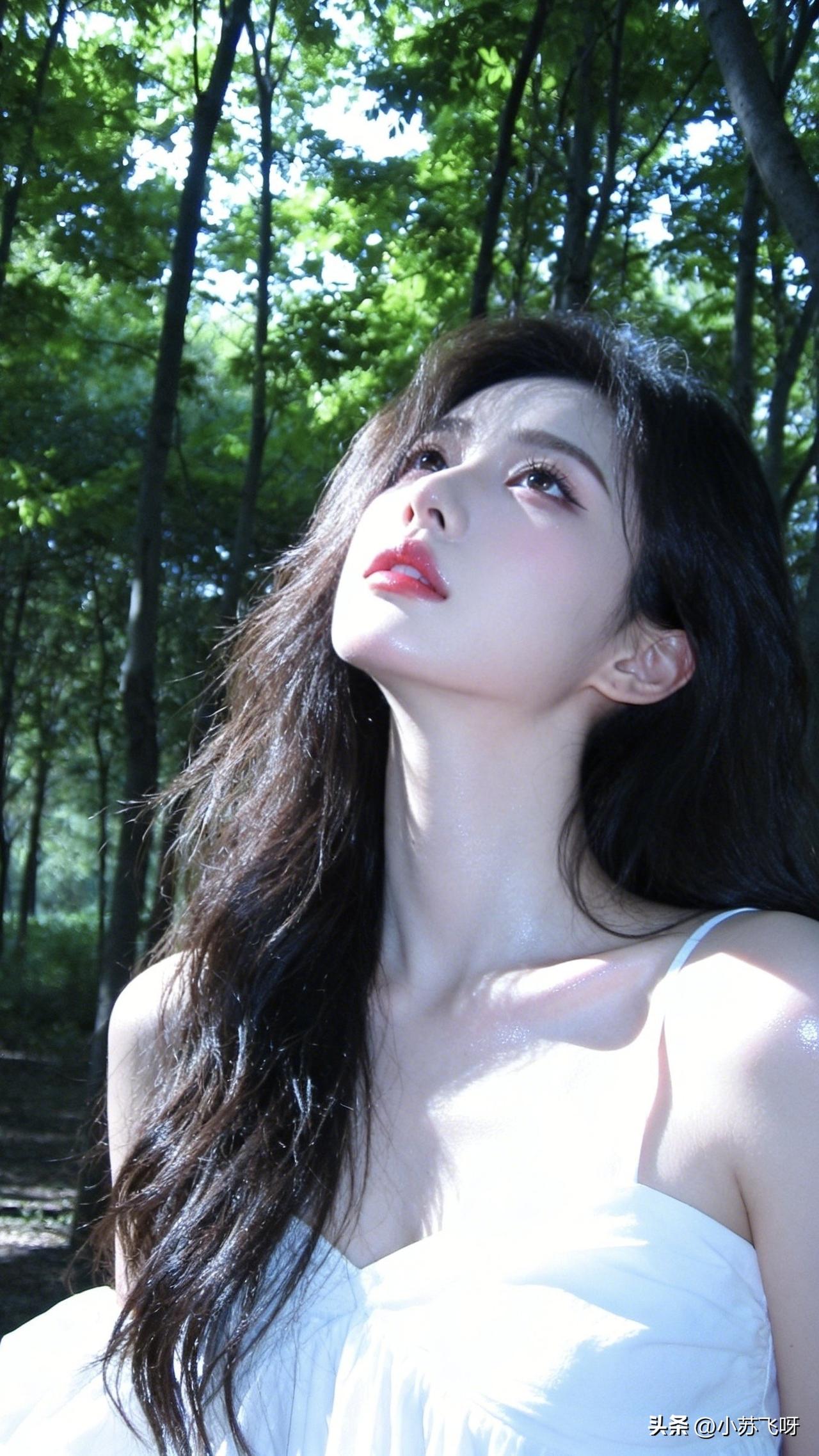 ：“树影婆娑映白裳，落叶飘舞韵悠扬。幽眸含雾愁千畅，仰望林间梦一场。”[微风]