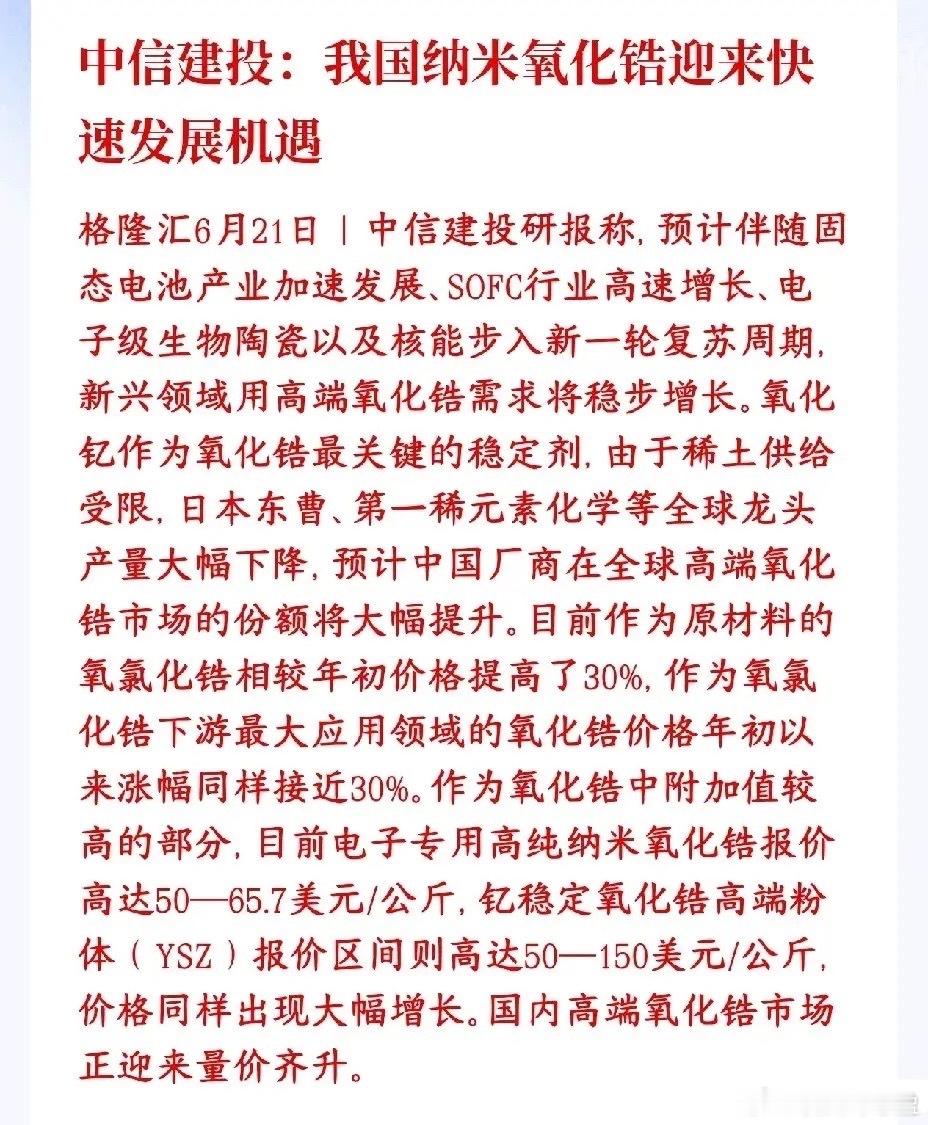 继六氟化钨之后，又出来了一种小金属化合物市场需求巨大中信建投氧化锆研报氧化锆是一