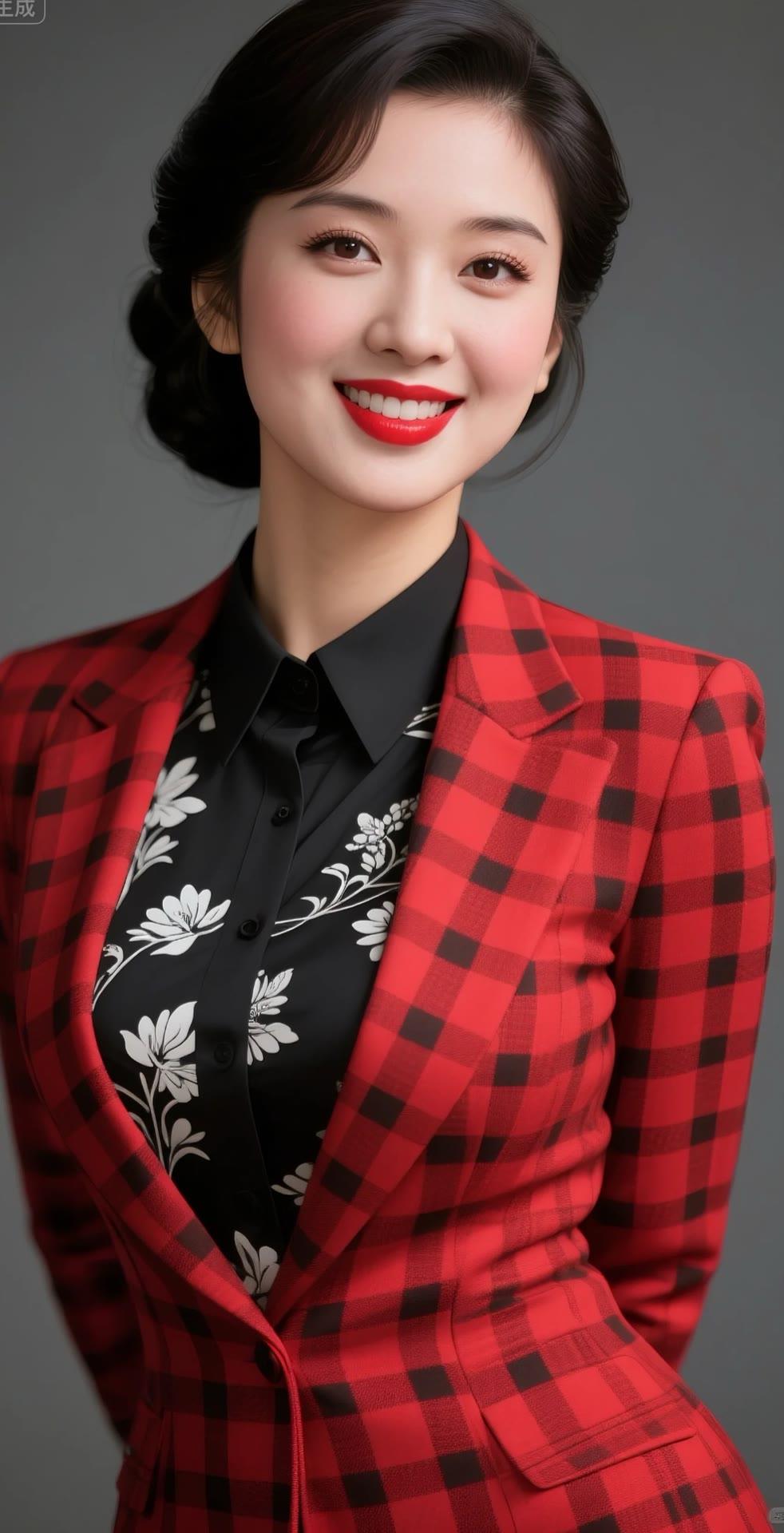 优雅红黑格纹西装，绽放自信魅力！🌹✨