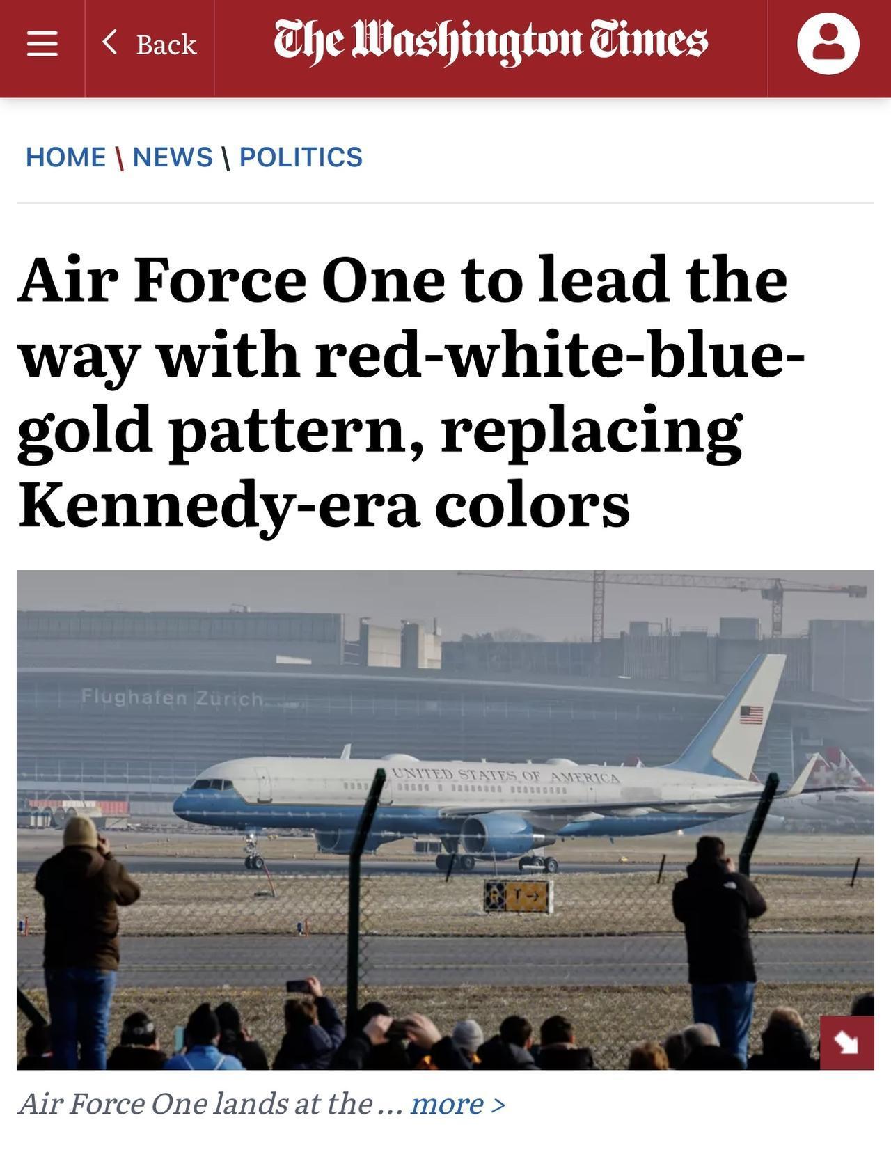 美国空军一号将采用红白蓝金四色涂装，取代肯尼迪时代的配色方案（沿用多年的知更鸟蛋