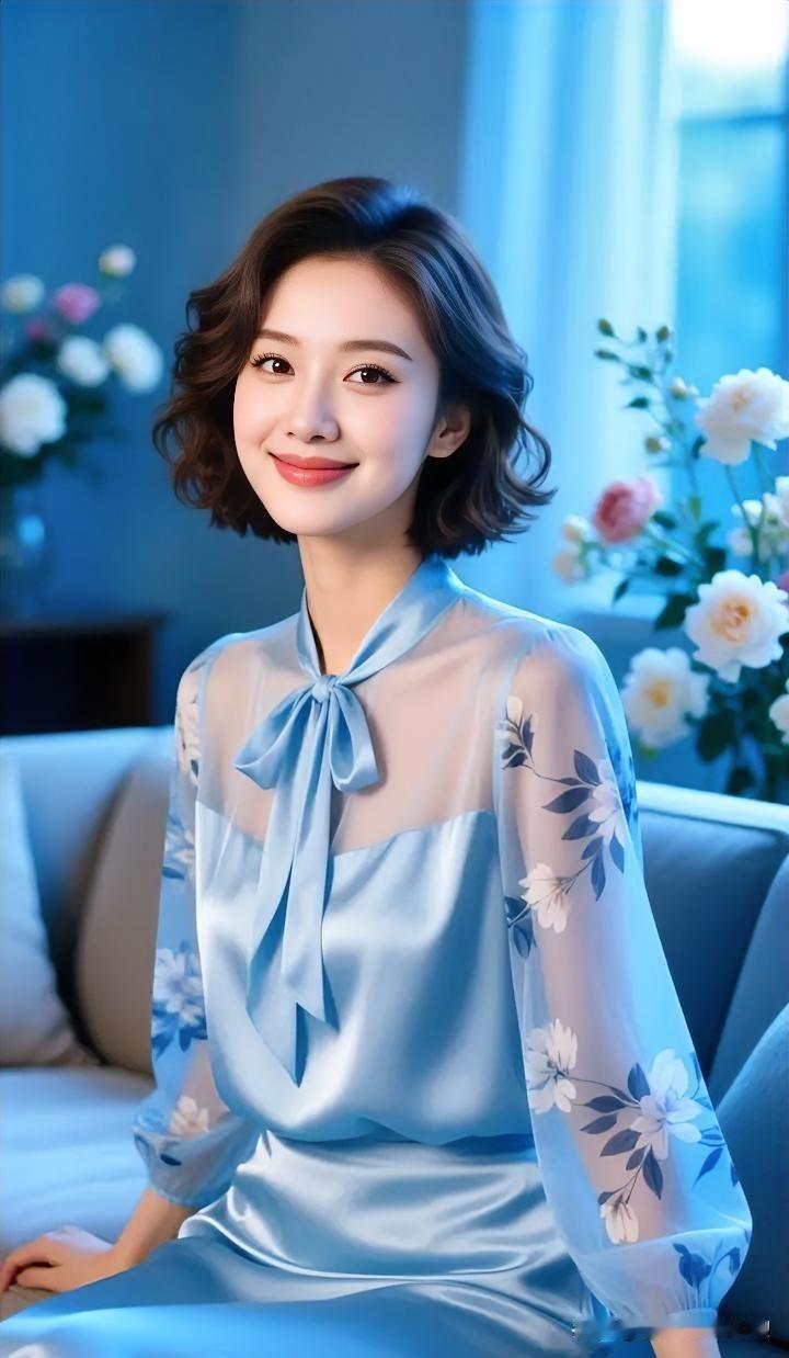 浅碧轻纱系蝶结，幽花暗影映清辉。明眸浅笑似春煦，一室芳华，温婉动人，尽显雅致柔媚