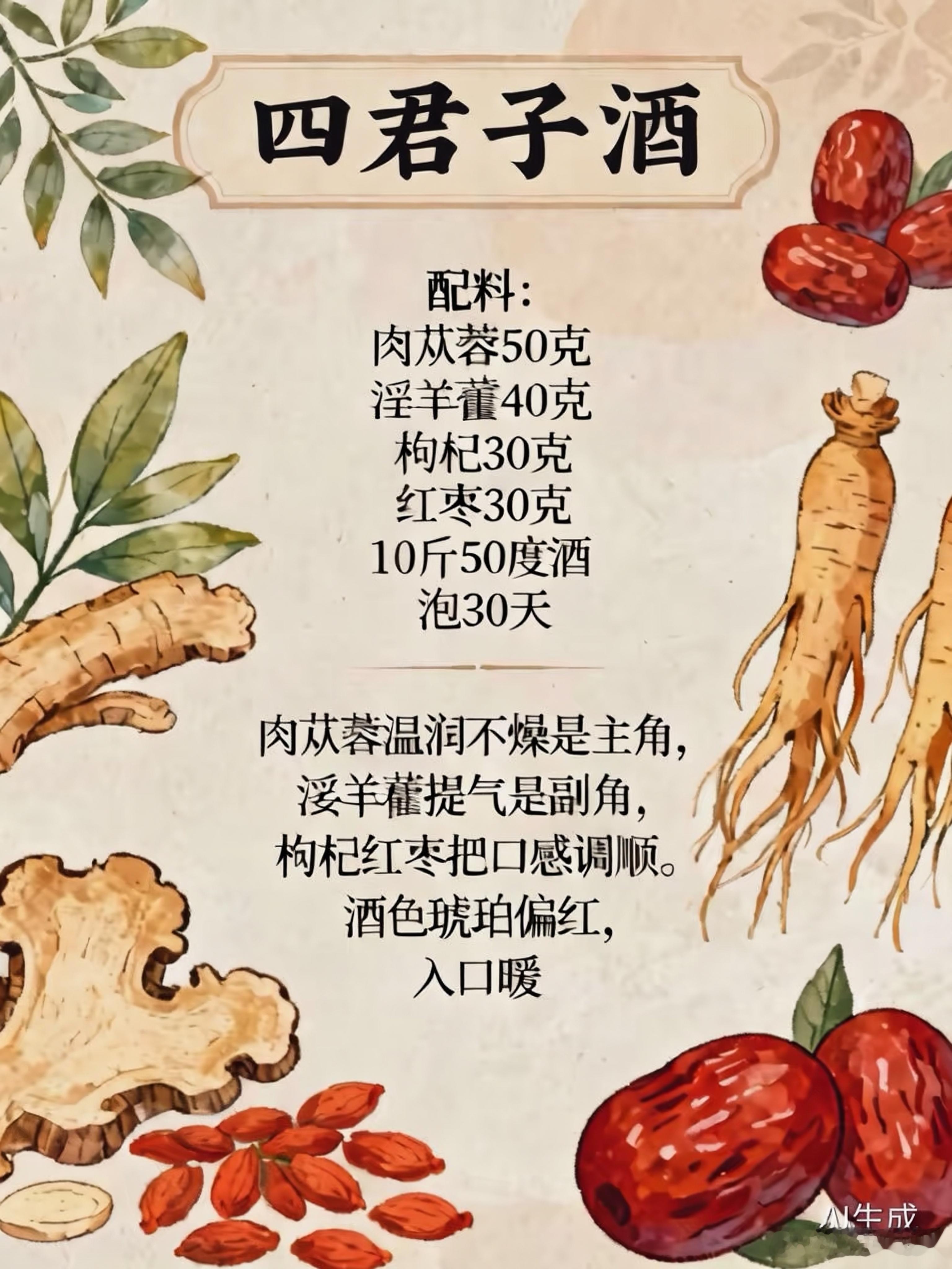 四君子酒配方：肉苁蓉50g、淫羊藿40g、枸杞30g、红枣30g，50度白酒50