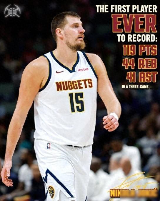 近三场比赛约基奇共轰下119分44篮板41助攻 NBA历史首人！
今天下午，丹佛
