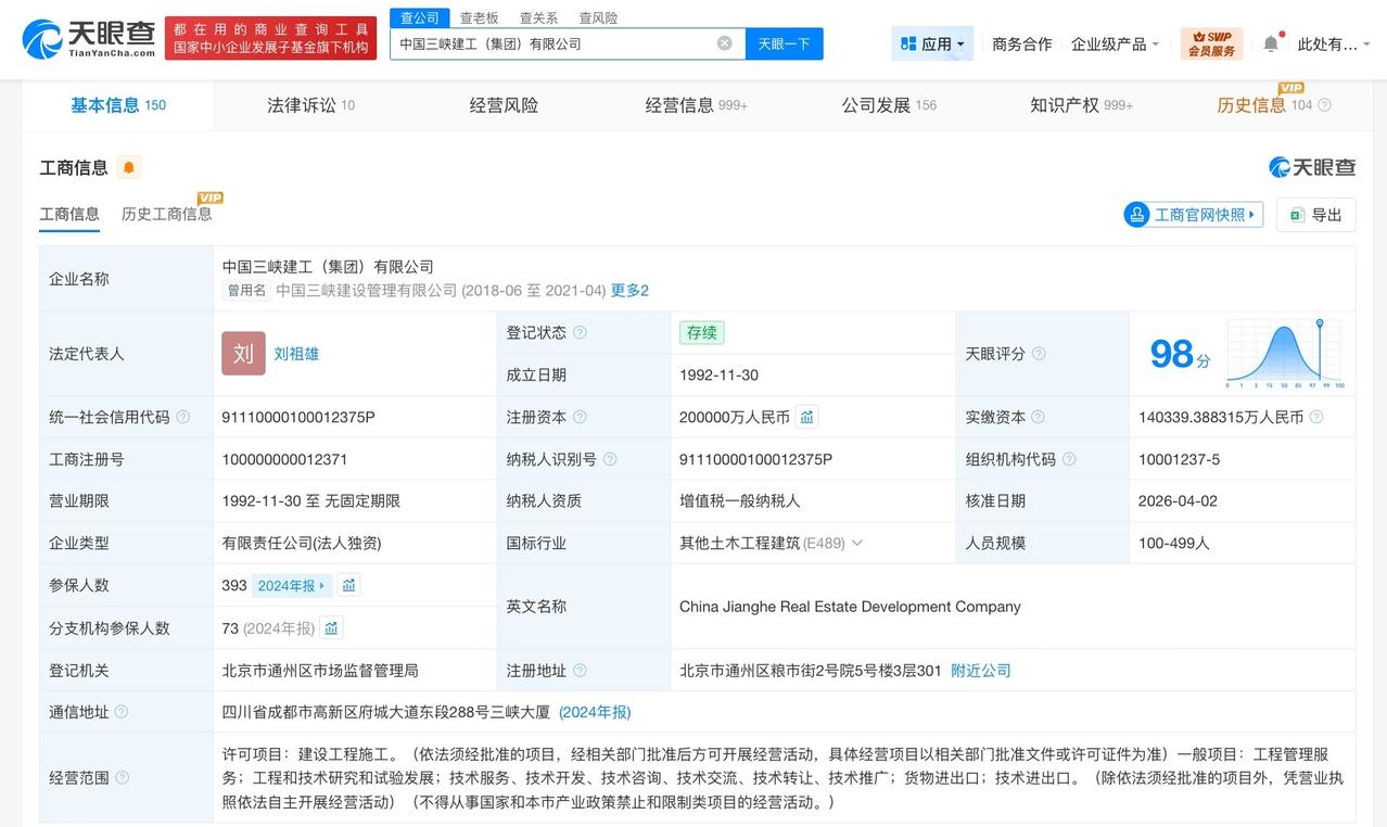 三峡建工集团换帅

刘祖雄任三峡建工集团董事长
天眼查工商信息显示，近日，中国三
