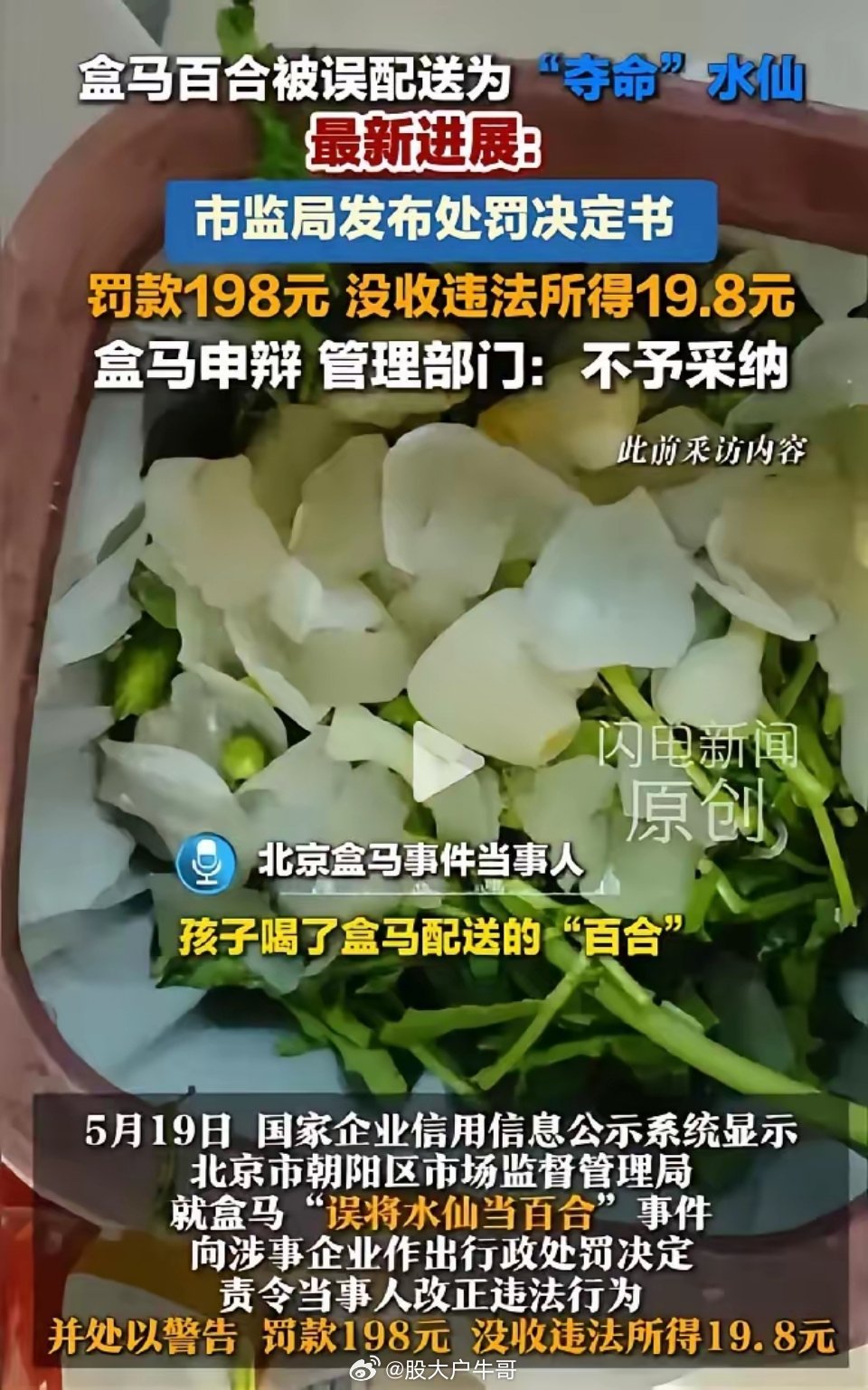 盒马郑重道歉真是讽刺！盒马“百合变水仙”中毒案开出罚单：没收19.8元，罚款19