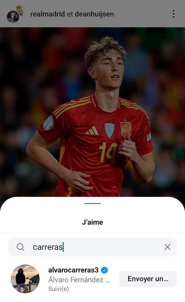 阿尔瓦罗·卡雷拉斯 点赞 皇马官宣赫伊森加盟的帖子。halamadrid ​​​