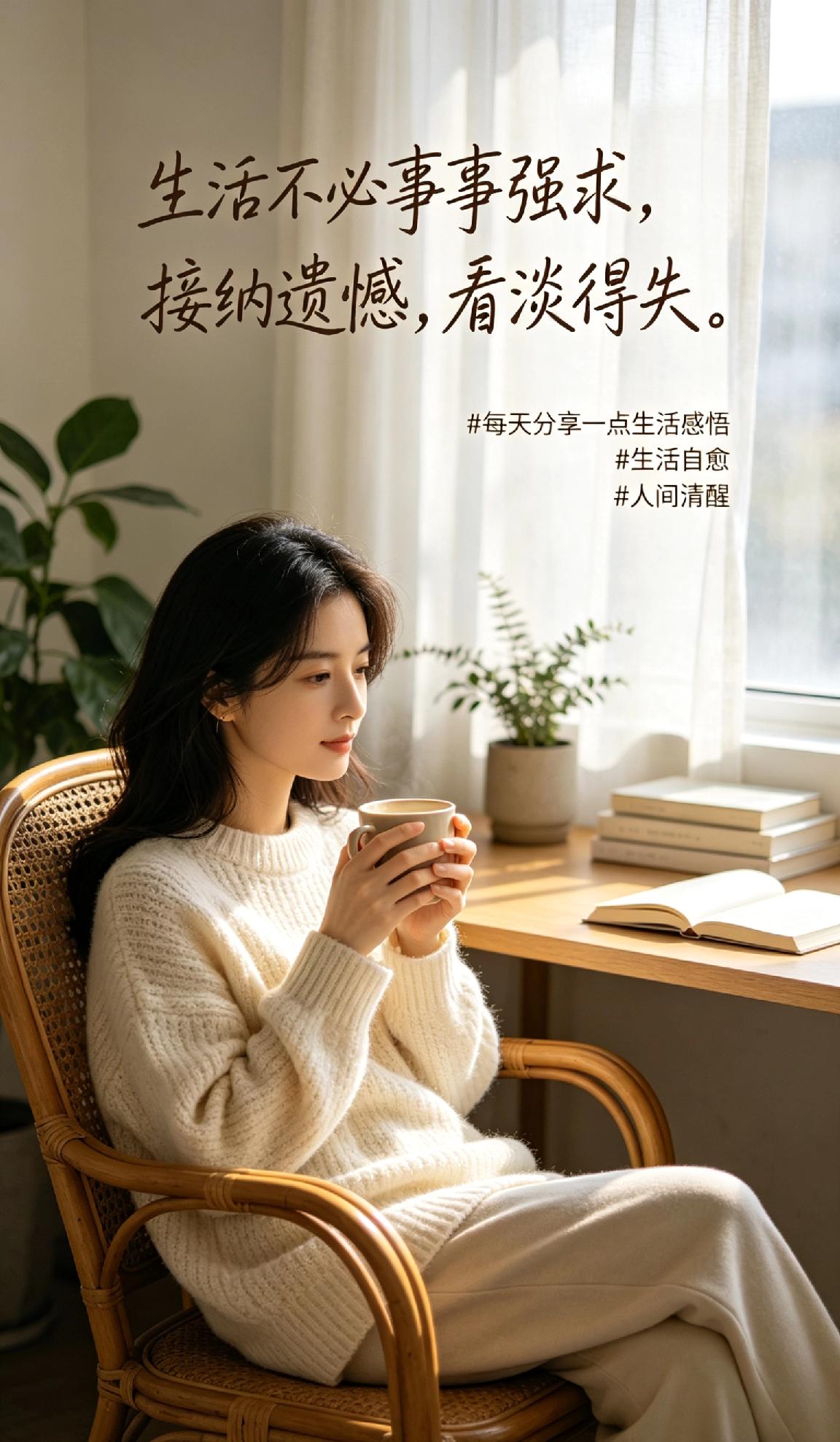 生活不必事事强求，接纳遗憾，看淡得失。日子平淡也好，普通也罢，慢慢沉淀自己，减少