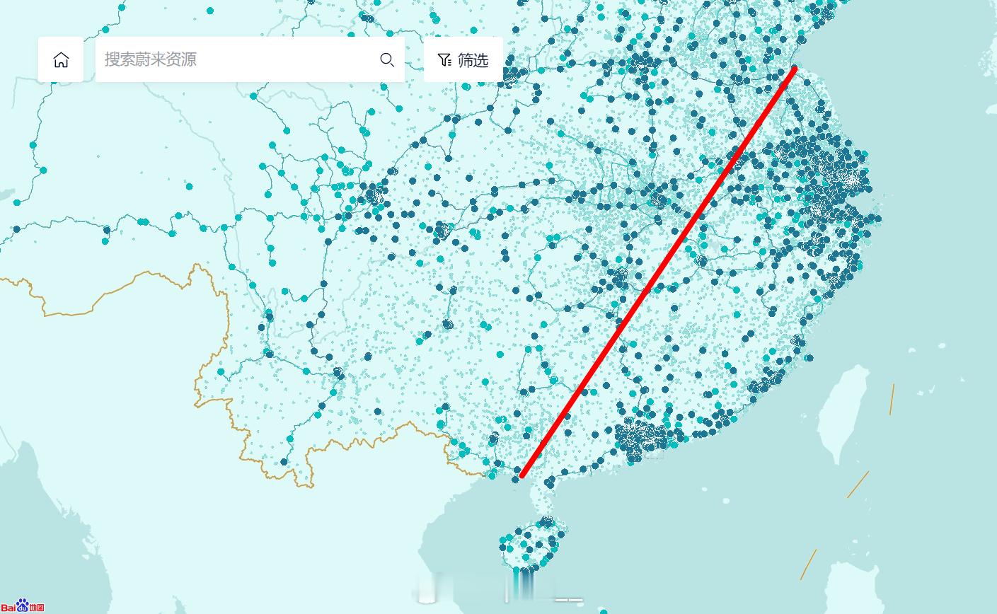 #蔚来换电站# 经单方面验证，我宣布从连云港到北海，地图上这条线的右边，也就是东