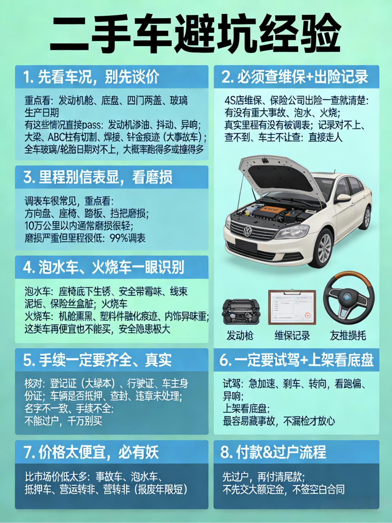 二手车避坑经验，都是买车时最容易踩的雷，照着看基本不会被坑：
1. 先看车况，别