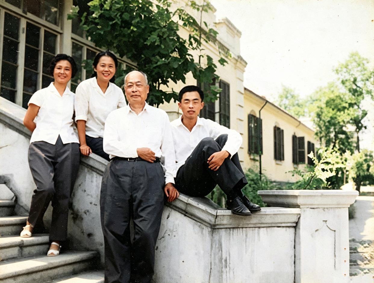 照片左起：夫人张茜、女儿陈珊珊、陈毅、长子陈昊苏。那年他 70 岁，刚查出肠癌不