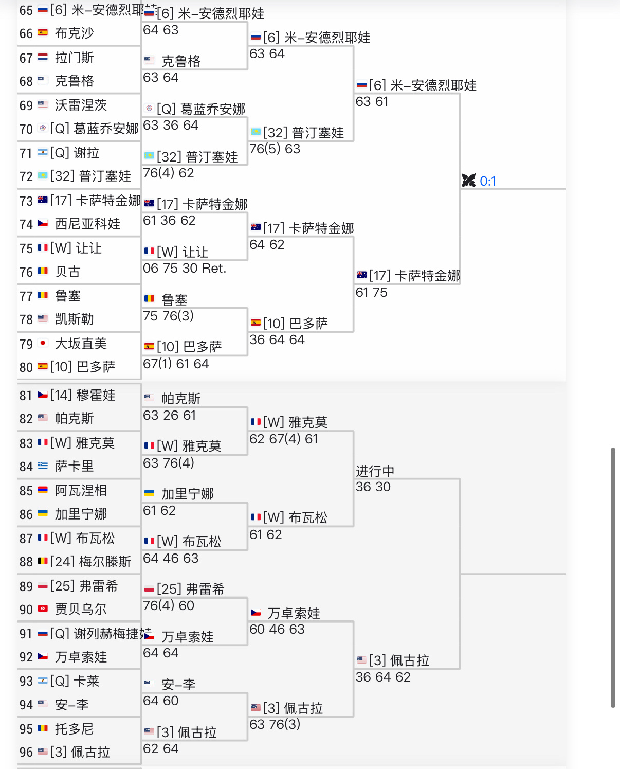 法网女单3/4区胜者将会在安德烈耶娃、卡萨金娜、佩古拉中间产生吧？另外一个是法国
