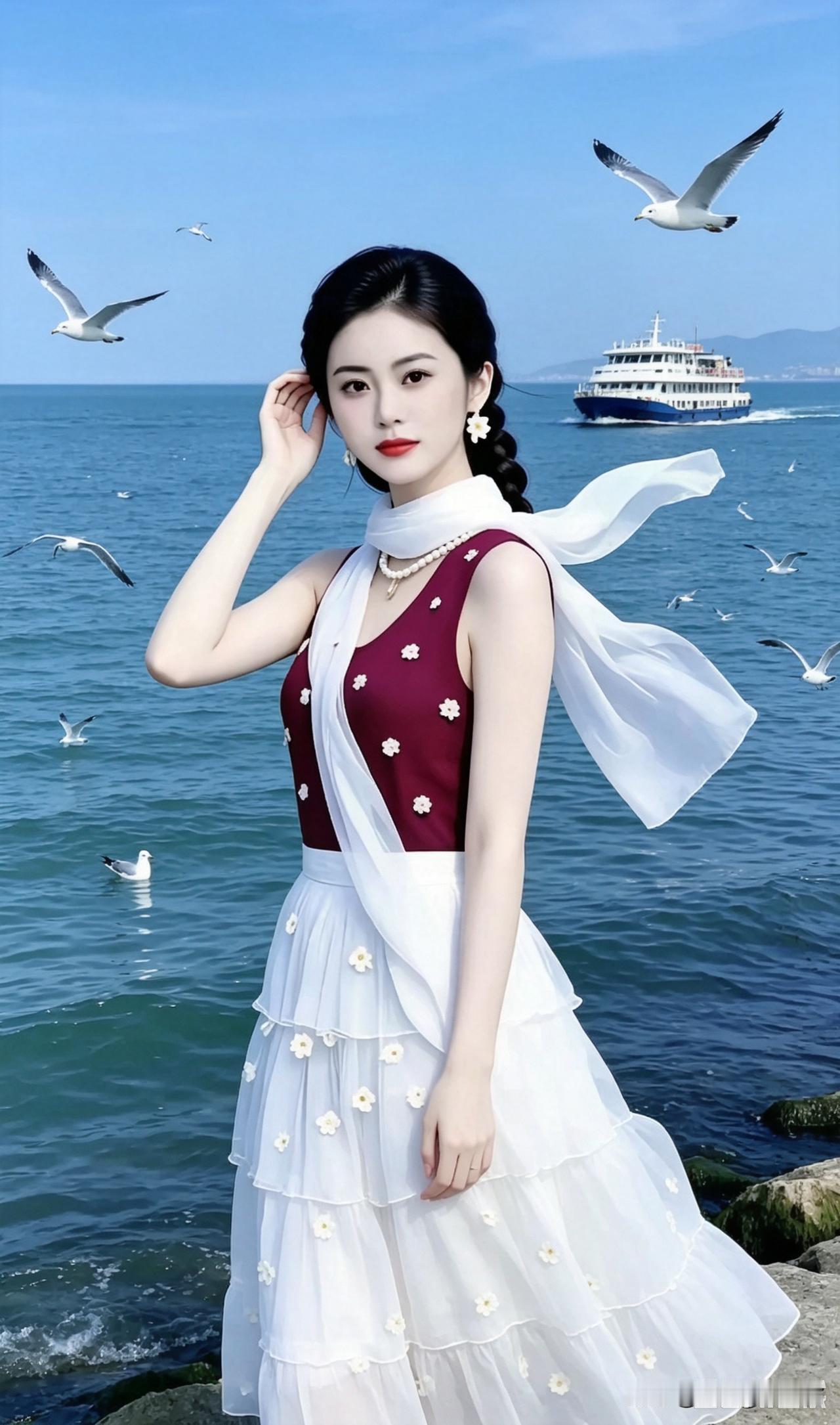 海边倩影（留最后一句，邀读者续写）
 
茫茫海边万里蓝，
清风阵阵拂衣衫。
辫子