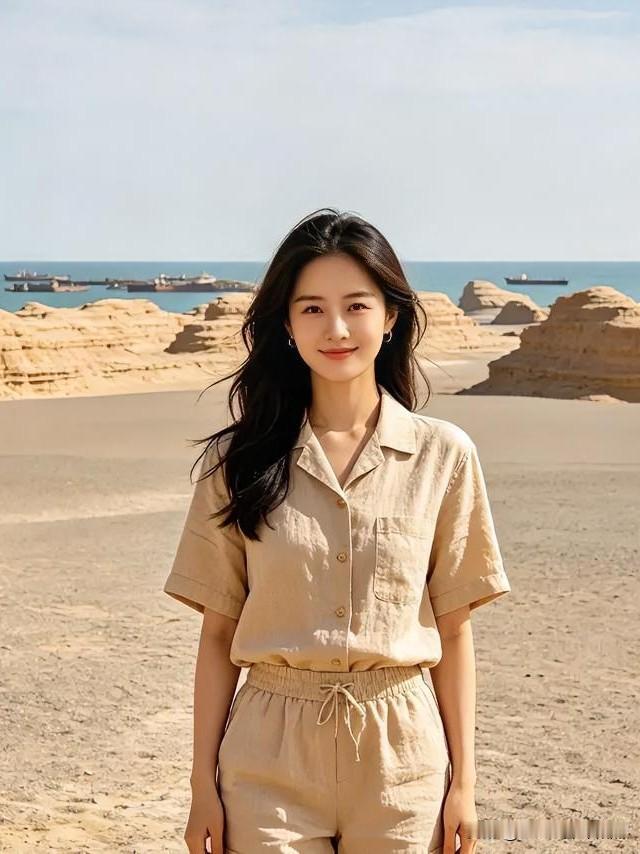 大漠孤烟直，长河落日圆。她立于天地间，浅笑安然，尽显旷野之美。