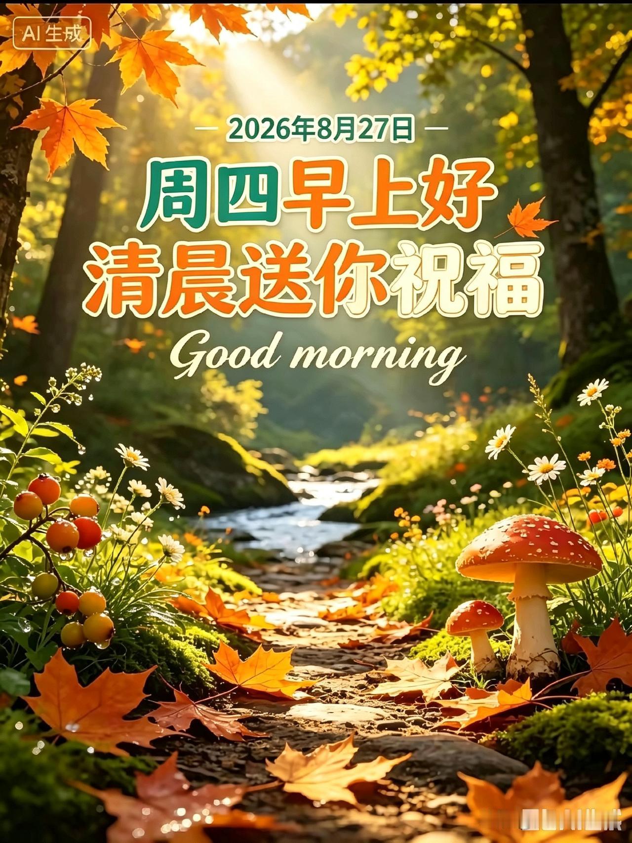 周四秋意柔，晨光漫枝头；
愿我们卸下连日辛劳，放宽心绪，善待日常，
岁岁皆安稳，