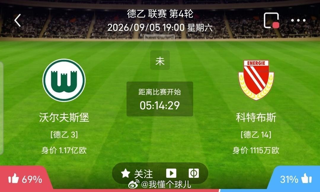 【北单】周六77德乙方向：沃尔夫斯堡vs科特布斯德乙：沃尔夫斯堡VS科特布斯时间