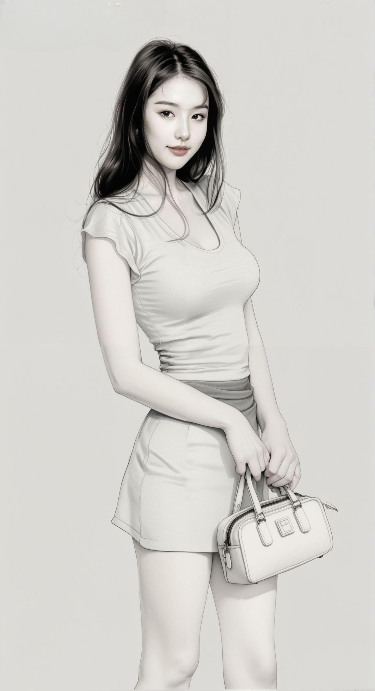 一个穿白色衣服的女孩拿着包。