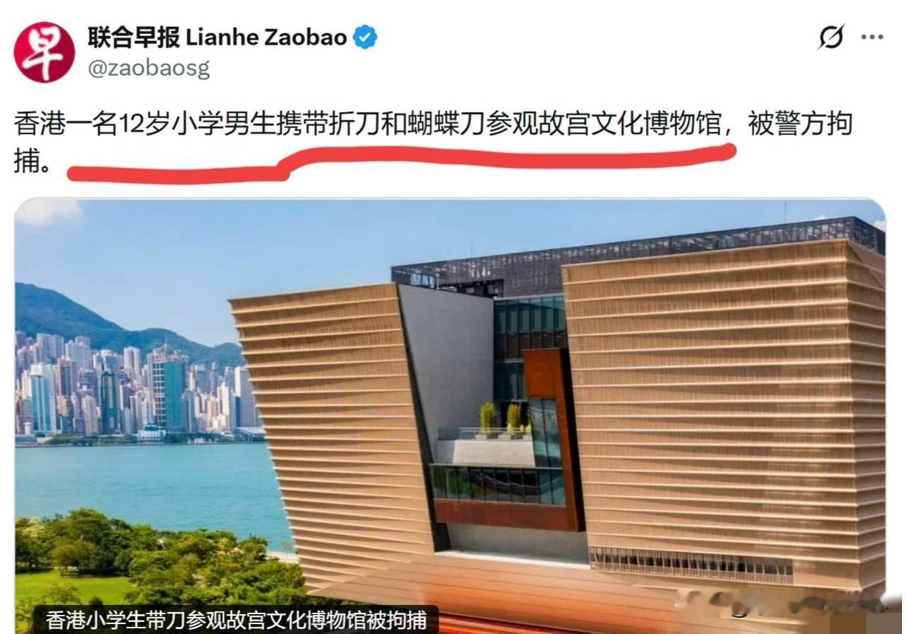 它又在混淆事实！《联合早报》：香港一名12岁小学男生携带折刀和蝴蝶刀参观故宫文化