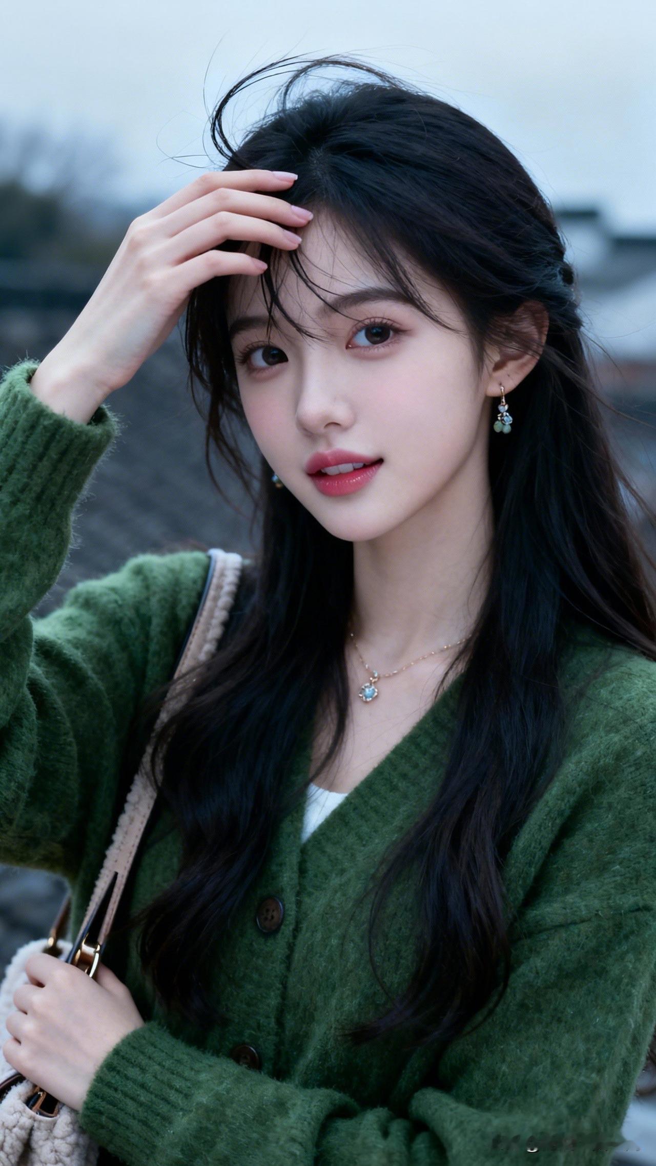 绿衣美人倚，笑语动芳心。晒出美丽身影 温柔冬日穿搭，绿色毛衣搭配珍珠项链，甜美又