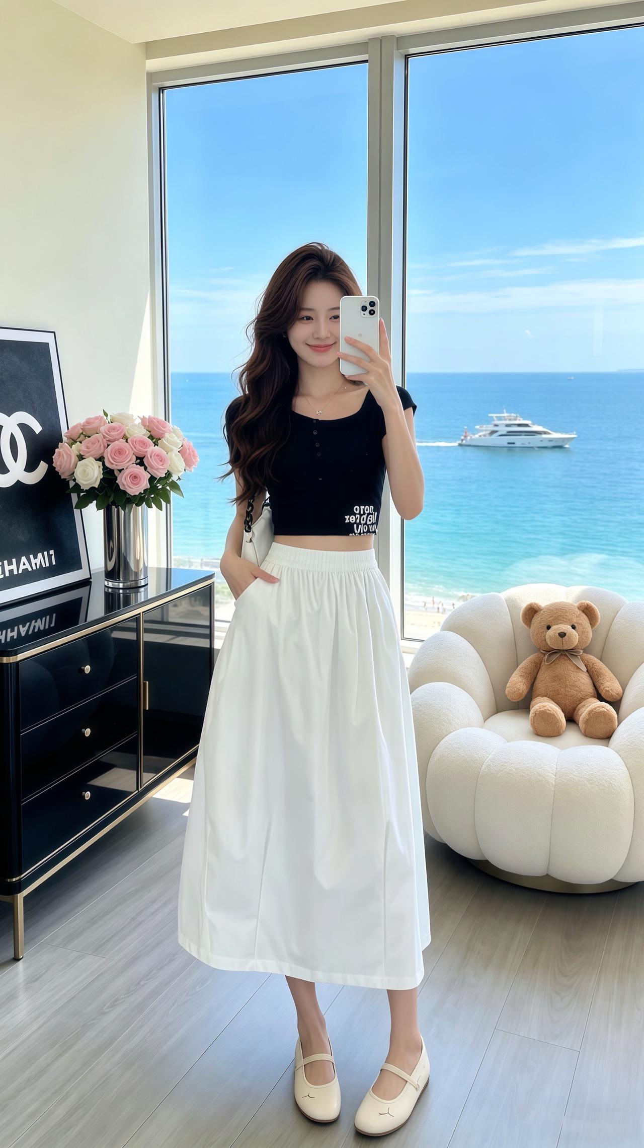 慵懒风A字半身裙 高腰中长款半身裙