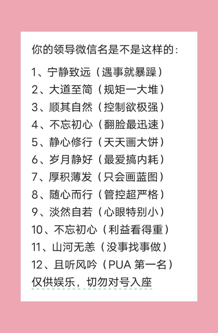 你的领导微信名是不是这样的：仅供娱乐，切勿对号入座。领导叫你高调点 微信网名大全