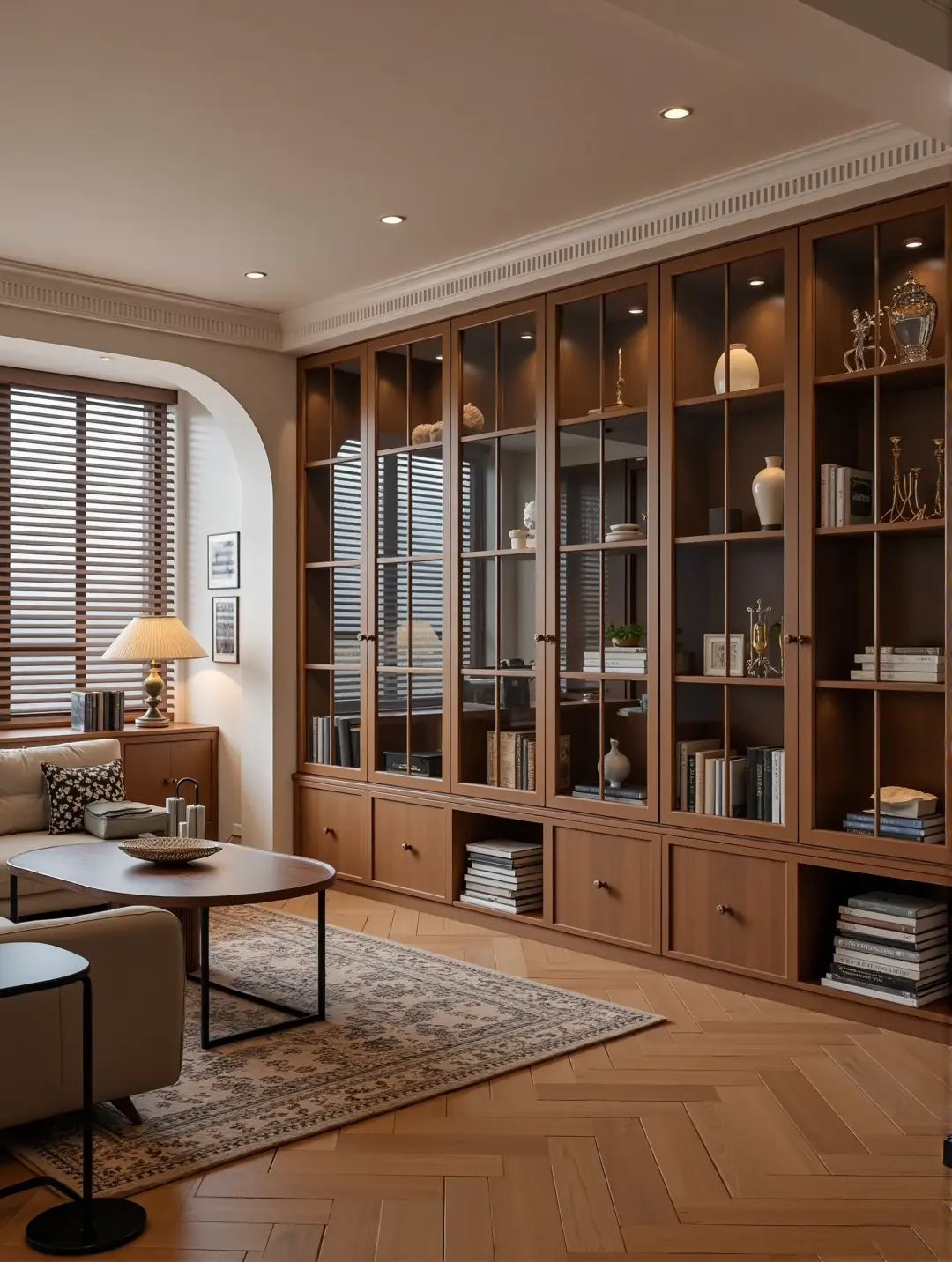 复古风装修的家，当整面胡桃木书柜搭配深咖色鱼骨拼地板的质感，与开放式厨...