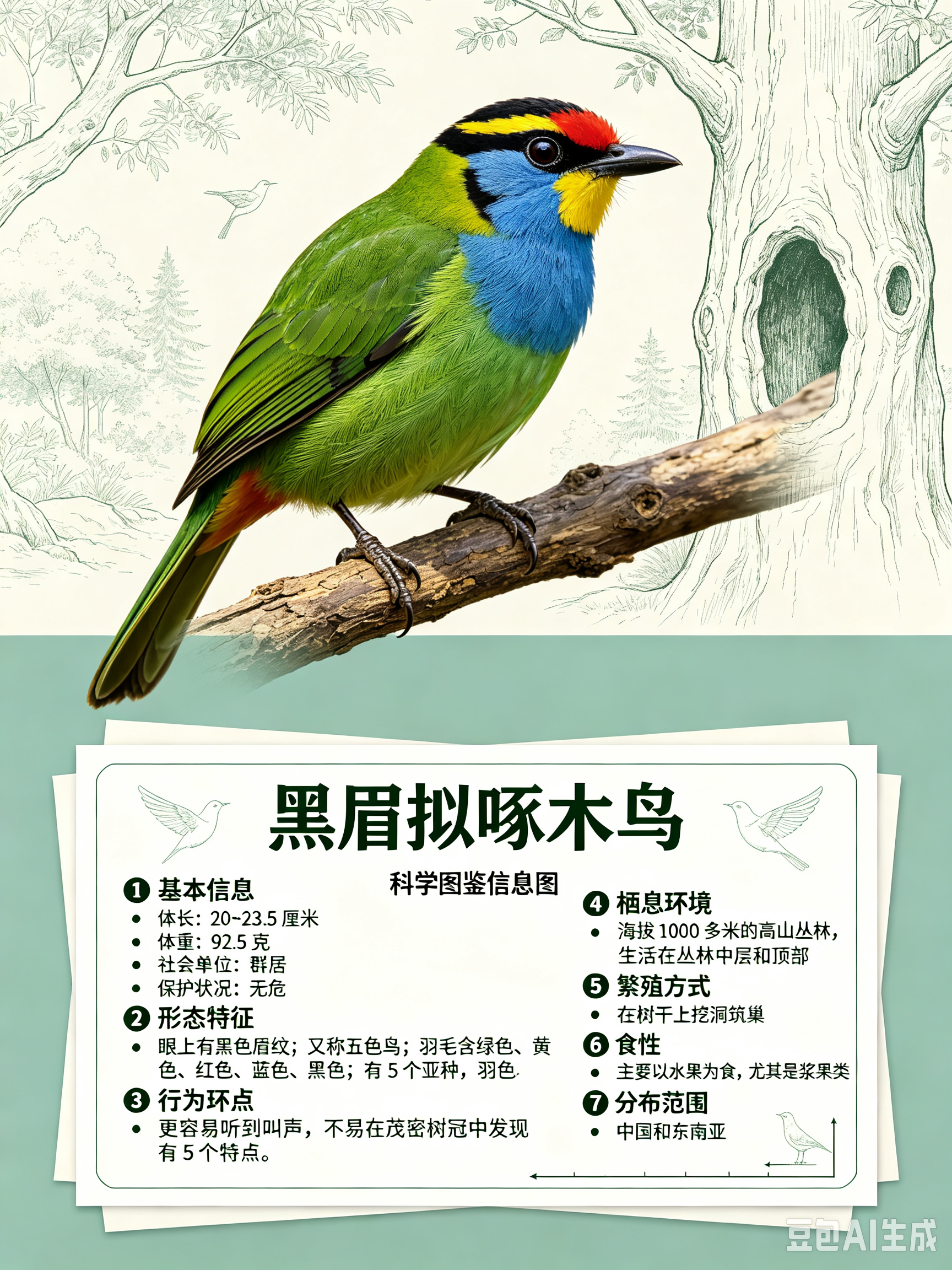 鸟类朋友图鉴 黑眉拟啄木鸟体长：20~23.5 厘米体重：92.5 克社会单位：