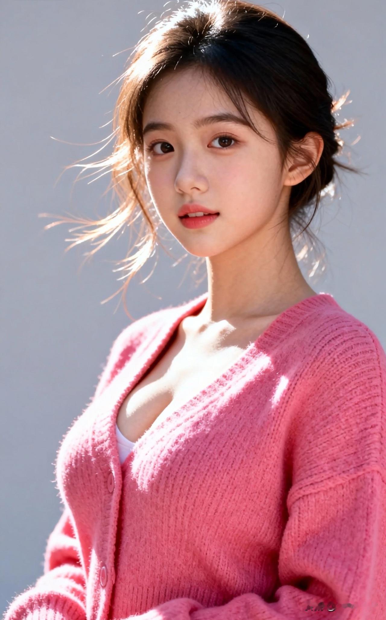 粉衣少女倚风立，轻纱拂面似云烟。