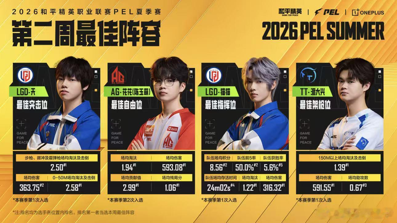 PEL第二周最佳阵容 PEL第二周最佳阵容公布，天、花花、猫猫、派大兴入选。和平