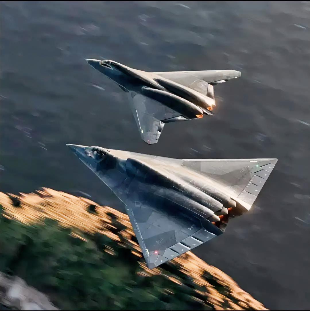 这是中国的两款第六代战斗机的概念渲染图，两款战机均取消了传统战机的垂直尾翼、水平