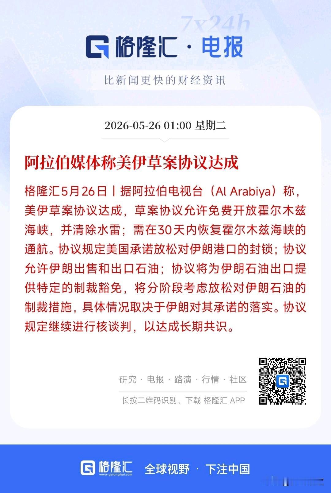 美伊草案协议达成？这次真的是众望所归了，股市反弹行情来了。
据阿拉伯媒体报道，美