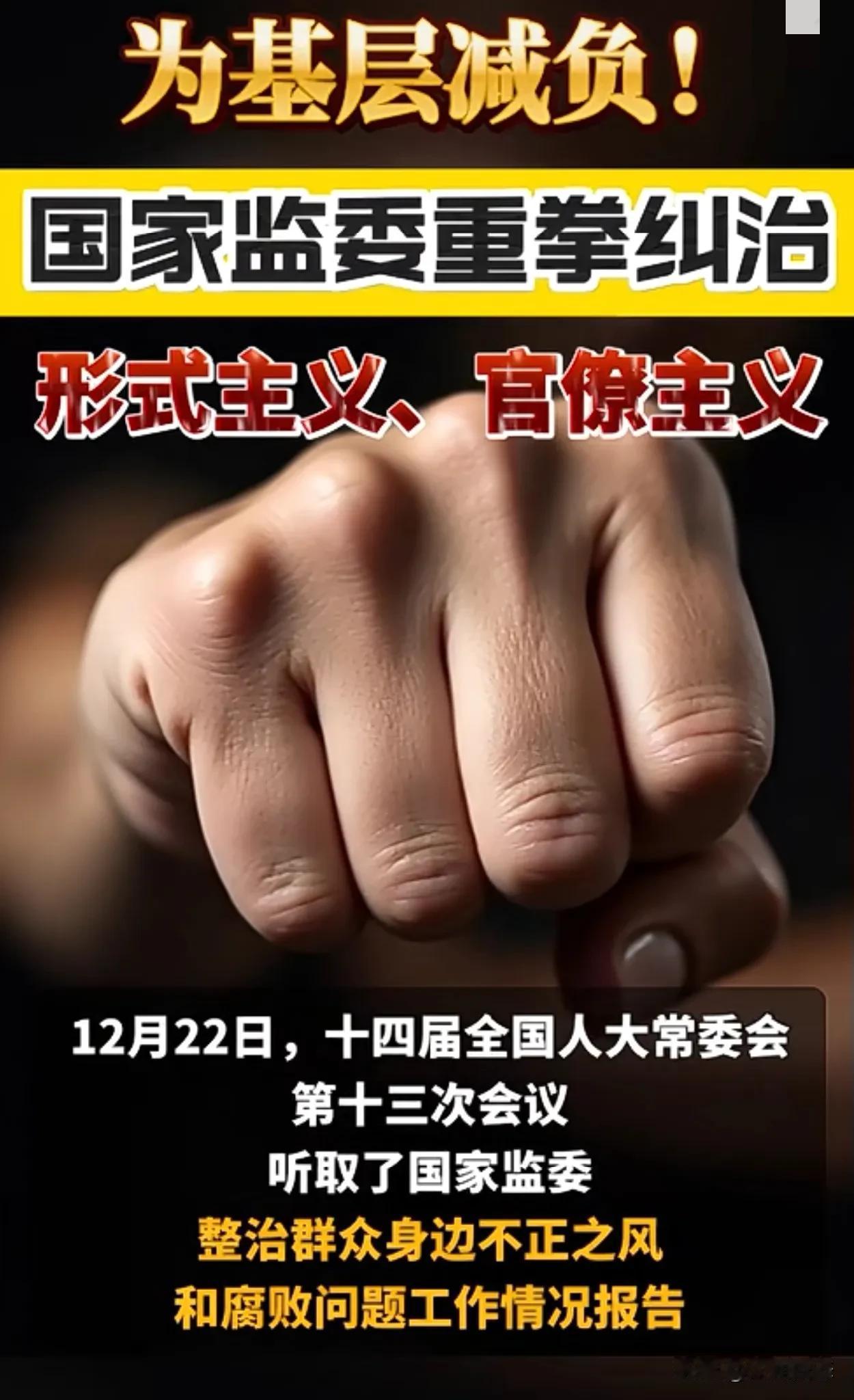 国家监委将重点整治，形式主义和官僚主义
12月22号，第十四届全国人大常委会第十