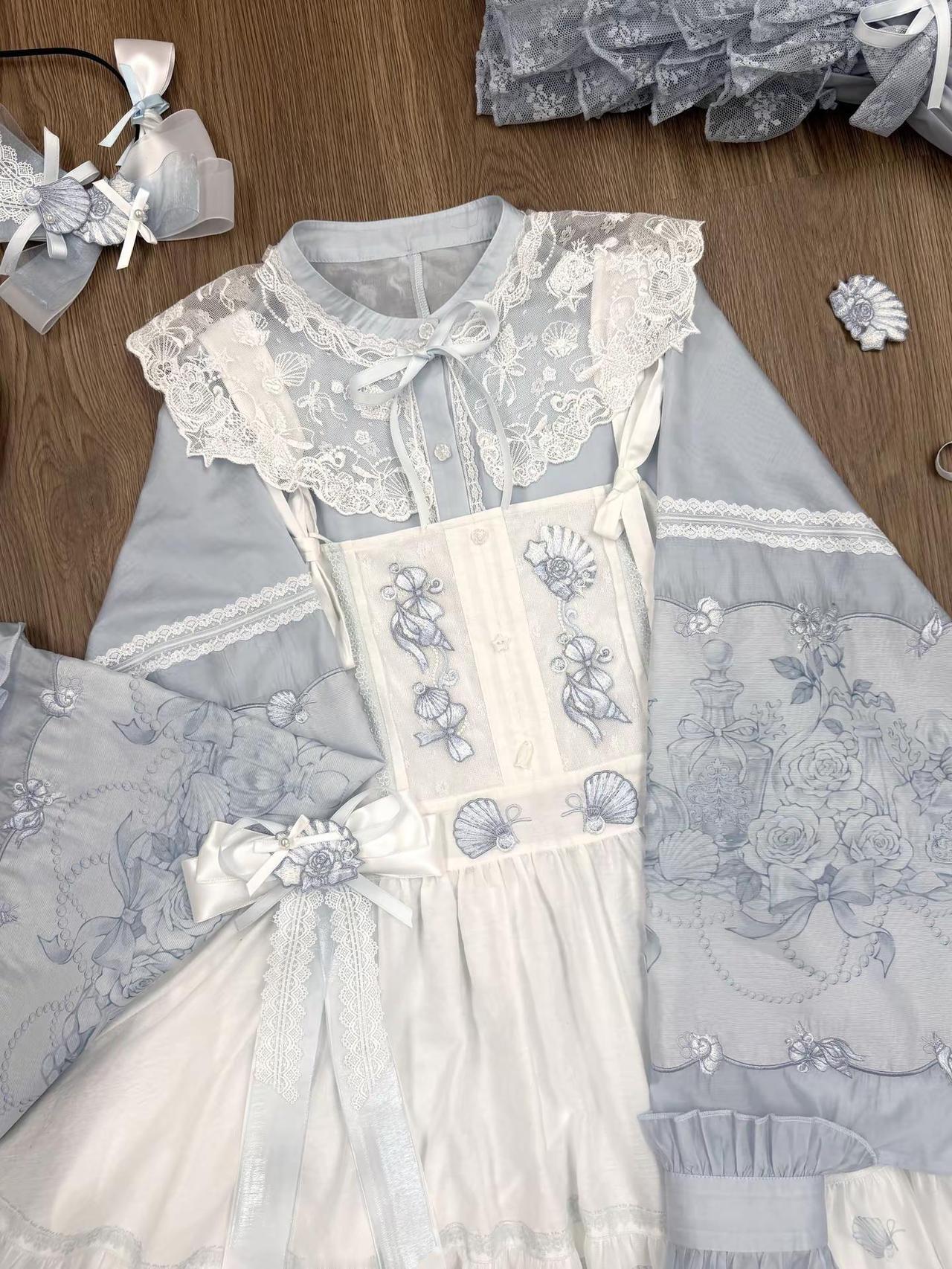 水色系汉洋折衷罩裙版～ 宽松版的窄裙搭配也日常好穿～很适合去海边的一套！整套天丝