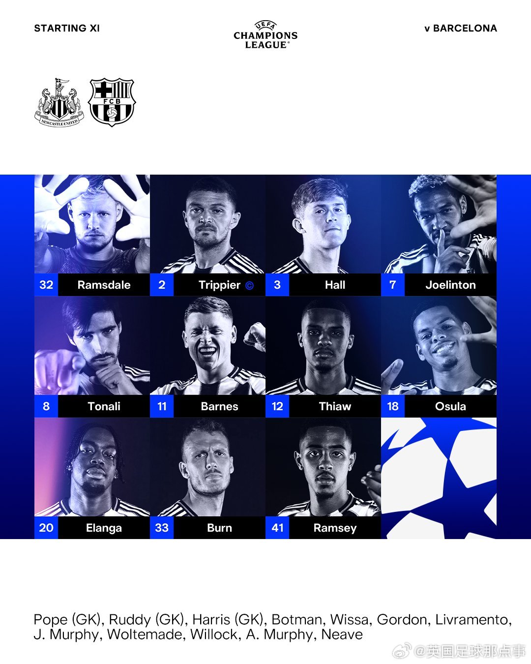 纽卡斯尔联vs巴萨 首发阵容⬇️纽卡首发：32-拉姆斯代尔、2-特里皮尔、12-