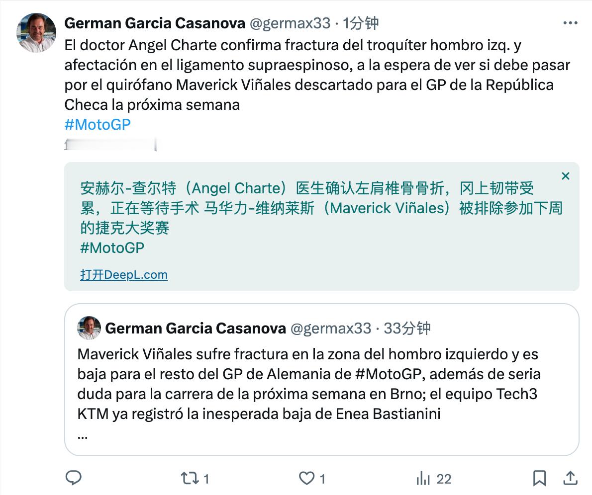 维涅埃列斯左肩椎骨骨折，韧带受伤，将接受手术治疗，因此将错过下周的MotoGP捷