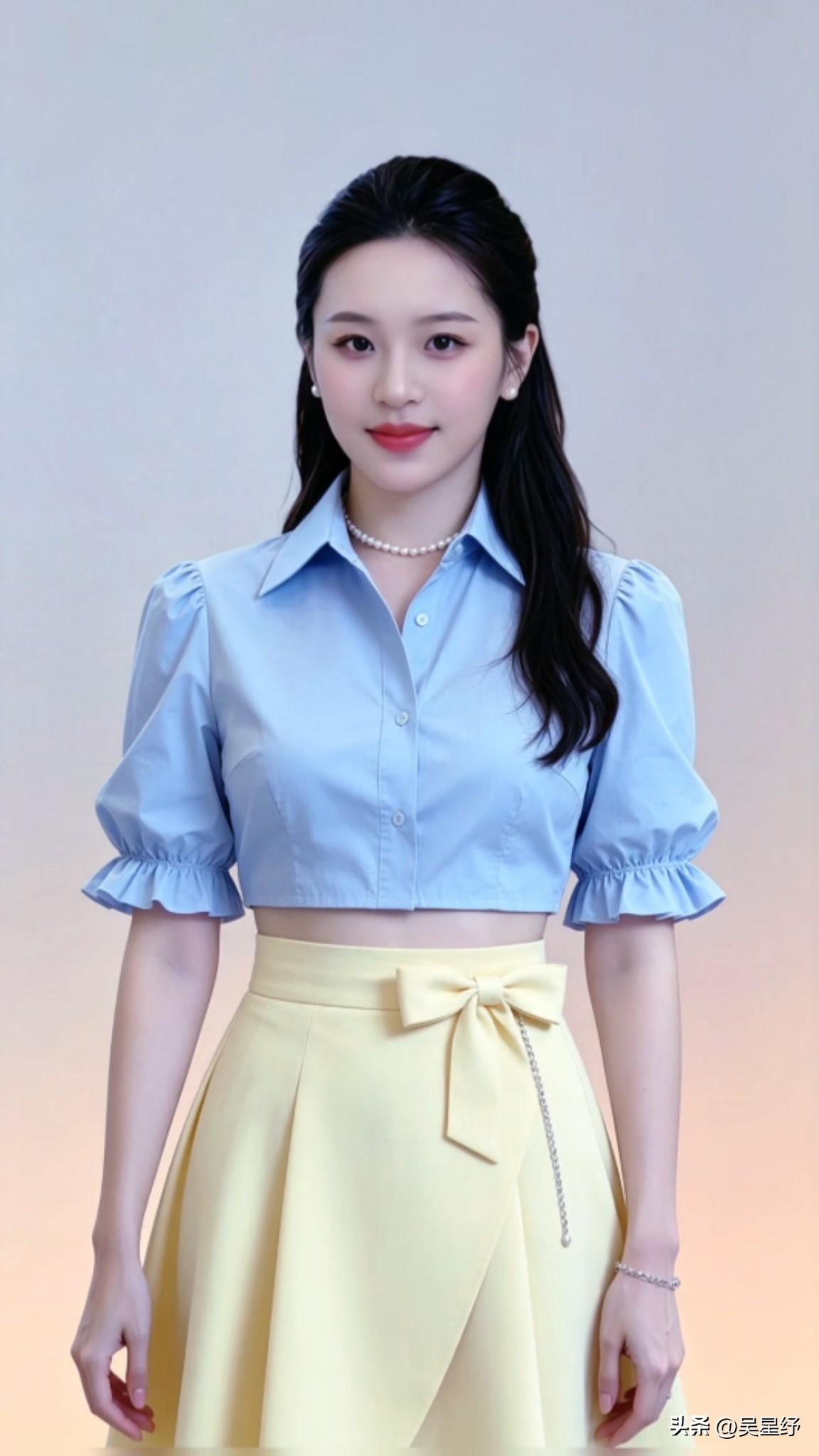 鹅黄裙裾缀起温柔蝴蝶结。
半扎的长发垂落肩头，
珍珠项链轻轻贴着颈间。
干净柔和