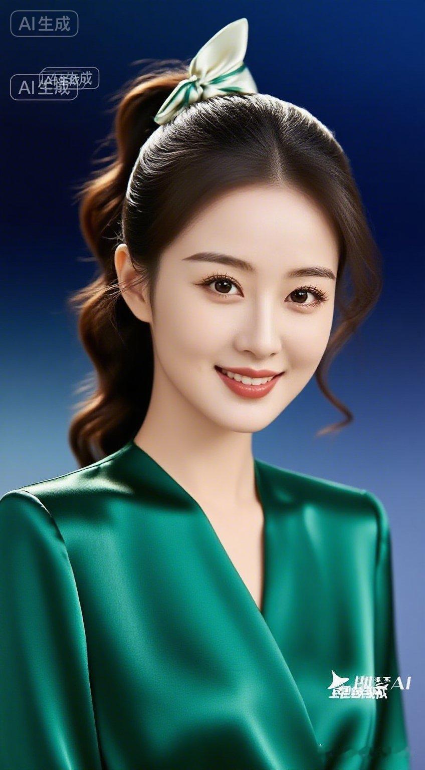 丝巾束起微卷高马尾，自带老板娘从容气场，眼妆精致粉唇温润，身着高级绿色真丝时装。