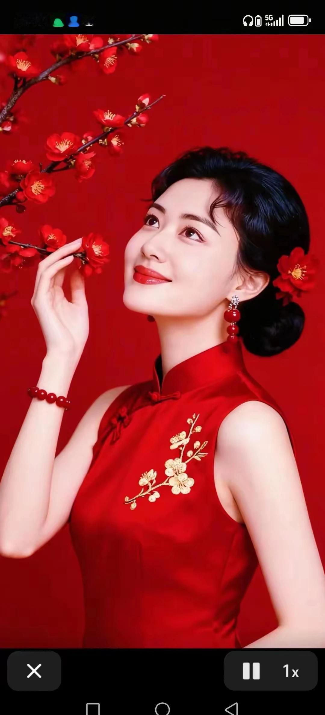 旗袍雅致衬娇容，
红底梅花显风情。
花容月貌，姹紫嫣红。
杏脸桃腮，温香软玉。