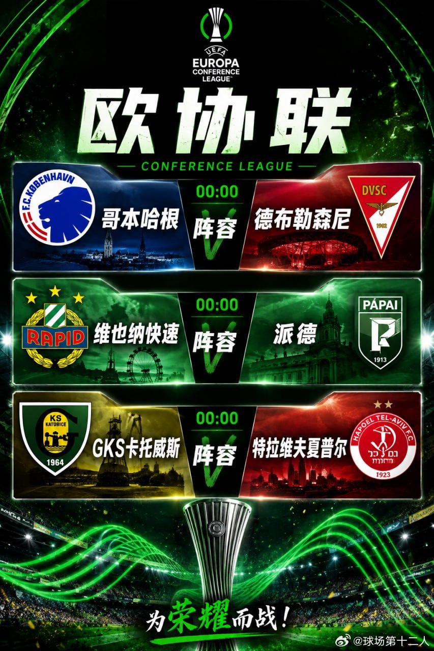 今晚的欧协联，三场一起看！00:00准时开战哥本哈根 VS 德布勒森尼维也纳快速